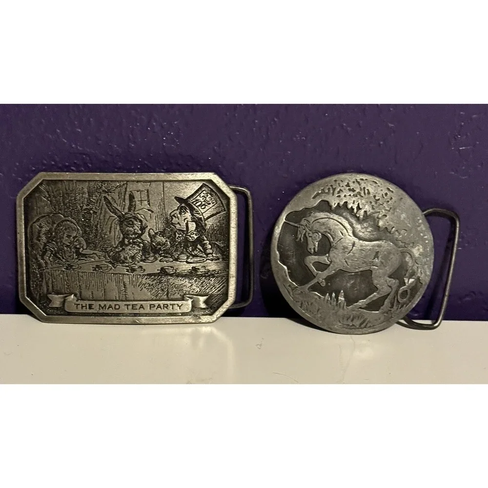 Vtg 70s Belt Buckle Lot Alice In Wonderland Brass Bergamot Dege Design Unicorn